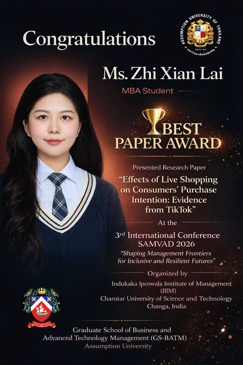 Photograph accompanying: 🎓✨ Congratulations to Our MBA Student on Her International Achievement! ✨🎓